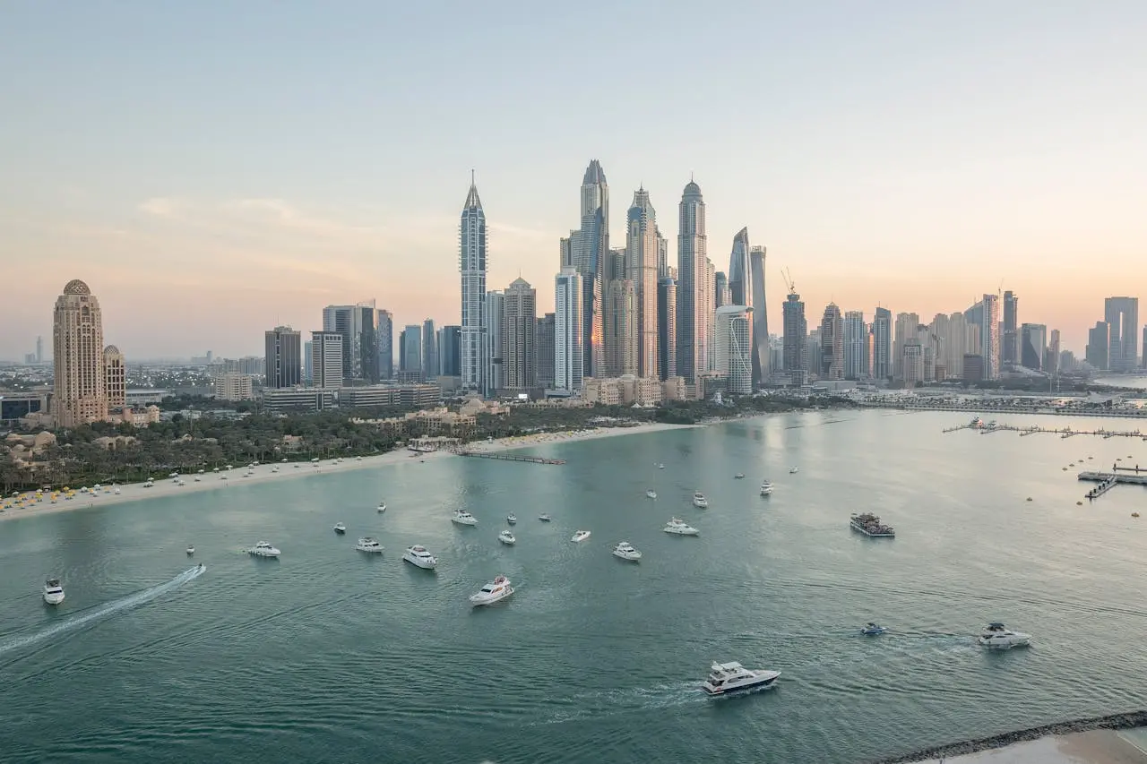 Large number of yachts plying the waters of Dubai's famous attractions