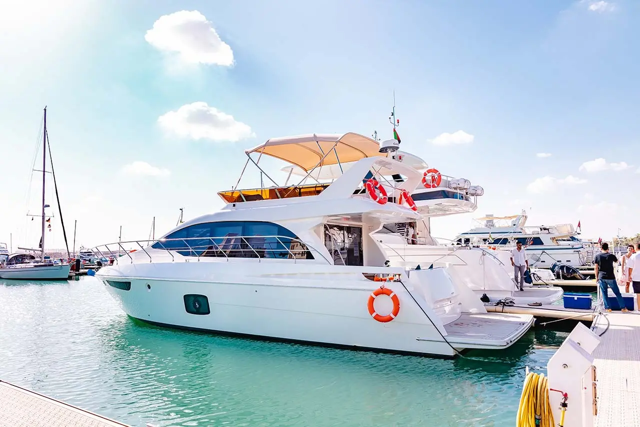 Luxury yacht docked in Dubai Marina