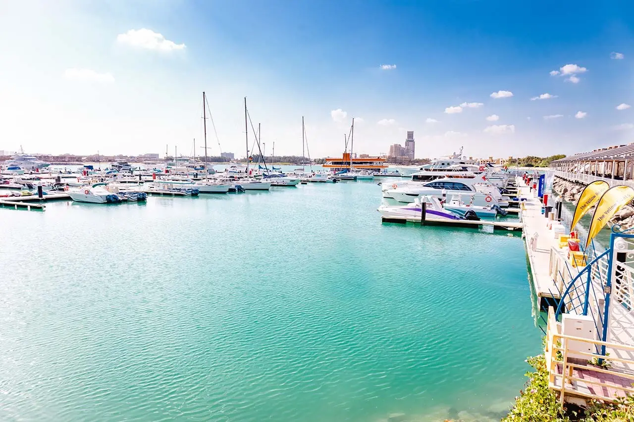 The yacht is docked at the Dubai Marina