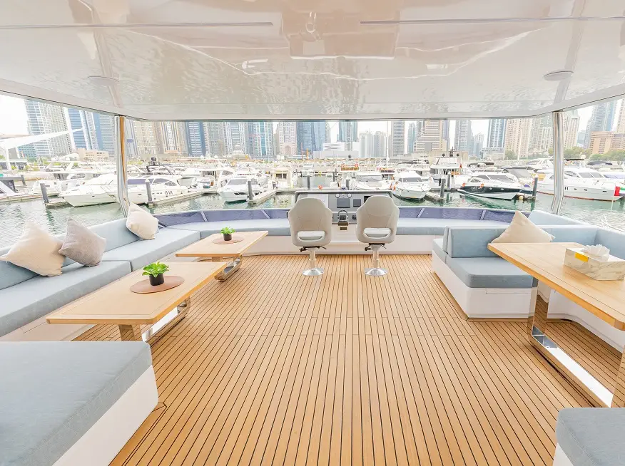 Spacious and Comfortable Dubai Yacht Flybridge Viewing Area