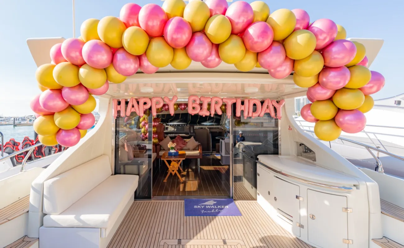 Celebrating a birthday party on a yacht rental in Dubai.