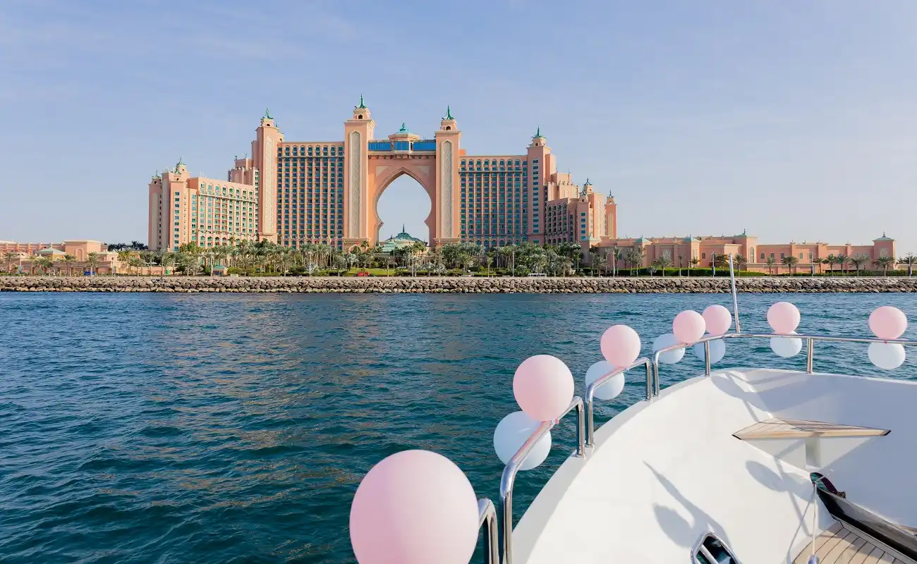 Experience ultimate luxury at your event with Dubai yacht rentals, showcasing breathtaking sights of Atlantis The Palm.