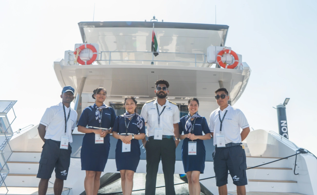 The rented Dubai party yacht features a professional crew providing expert service.