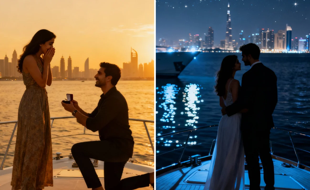 Sunset Dubai Yacht Proposal Surprise vs. Nighttime Dubai Yacht Proposal Surprise