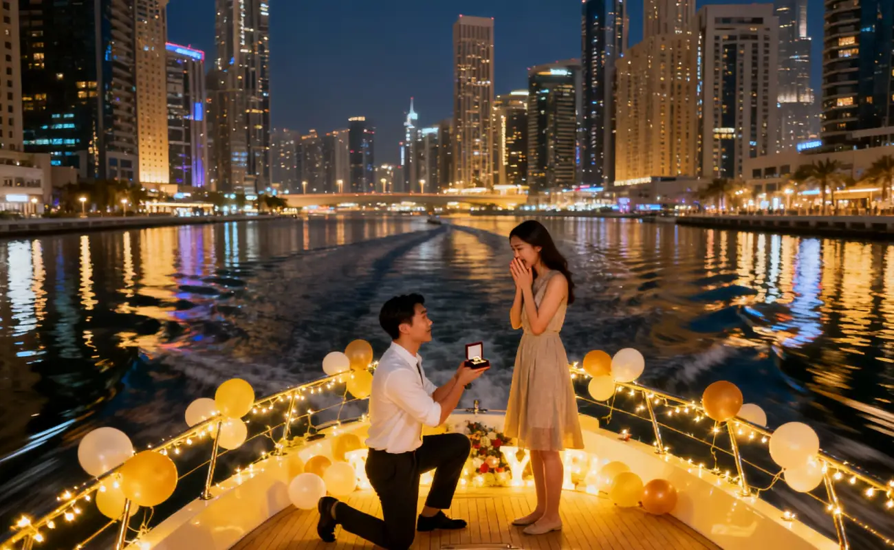 Nighttime Dubai Marina Skyline Yacht Proposal