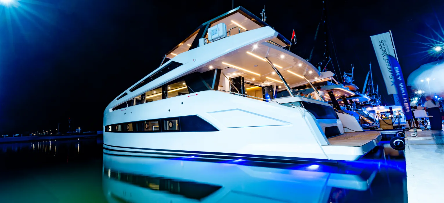 illuminated luxury yacht prepared for dubai marina night yacht tour