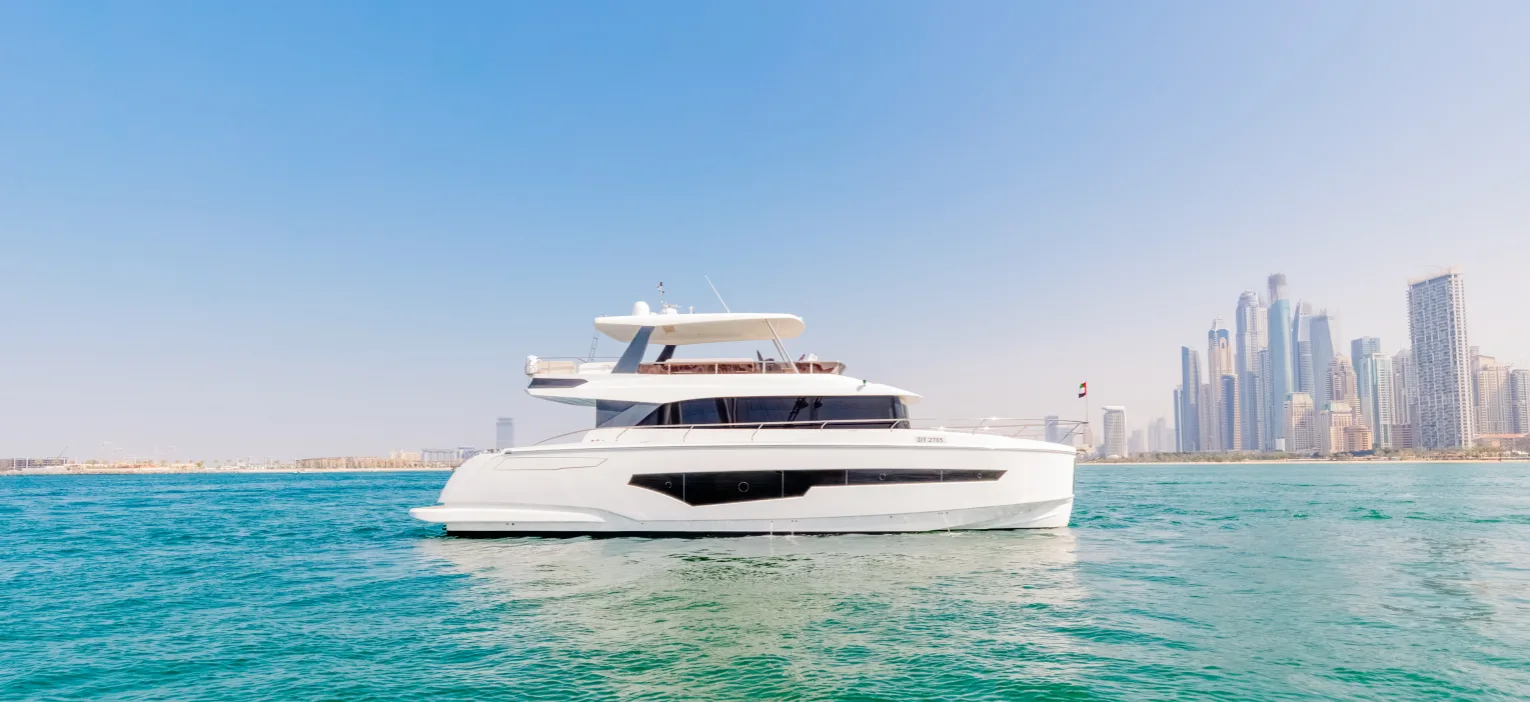 stunning luxury yacht sailing on the arabian gulf, featured in the dubai 3-hour luxury yacht tour
