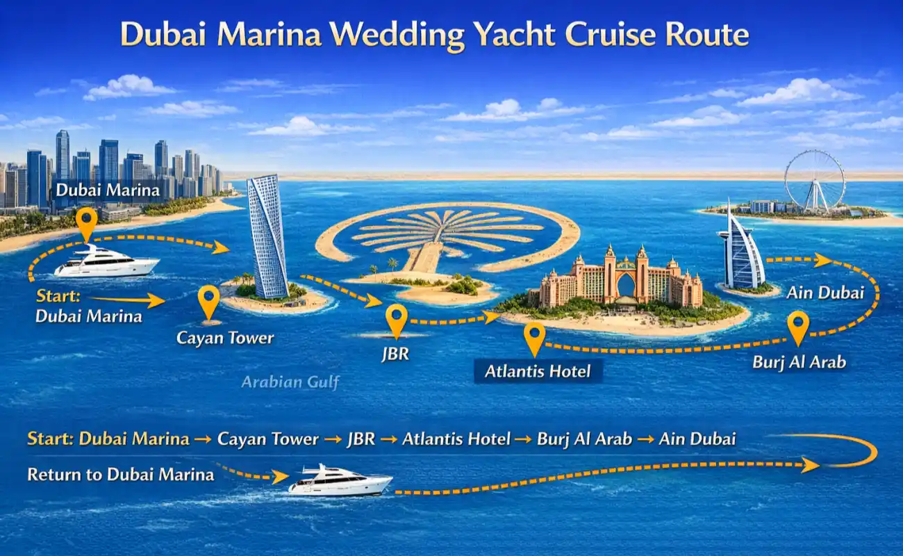 Dubai Marina Wedding Yacht Cruise Route
