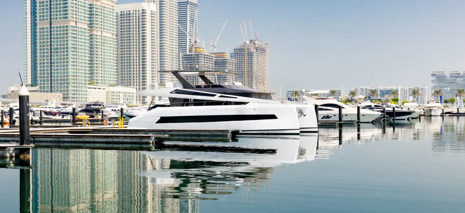 yacht docked at dubai marina – the vessel for dubai marina sunset yacht cruise, setting a luxurious tone.