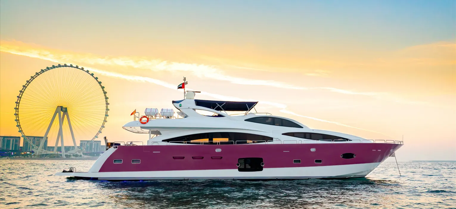 luxury yacht for your dubai marina boat cruise, sailing past ain dubai and burj al arab.