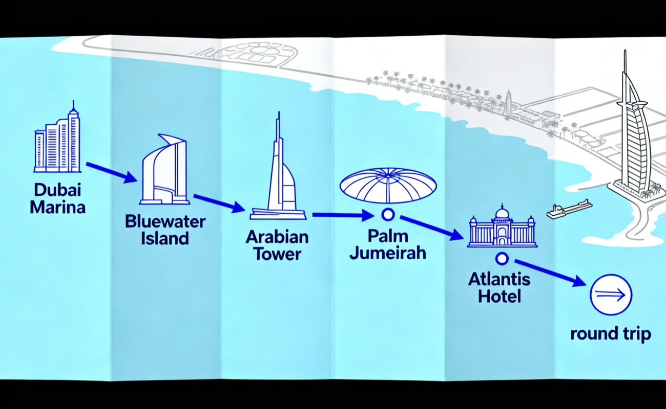 Typical Half-Day Yacht Cruise Route in Dubai