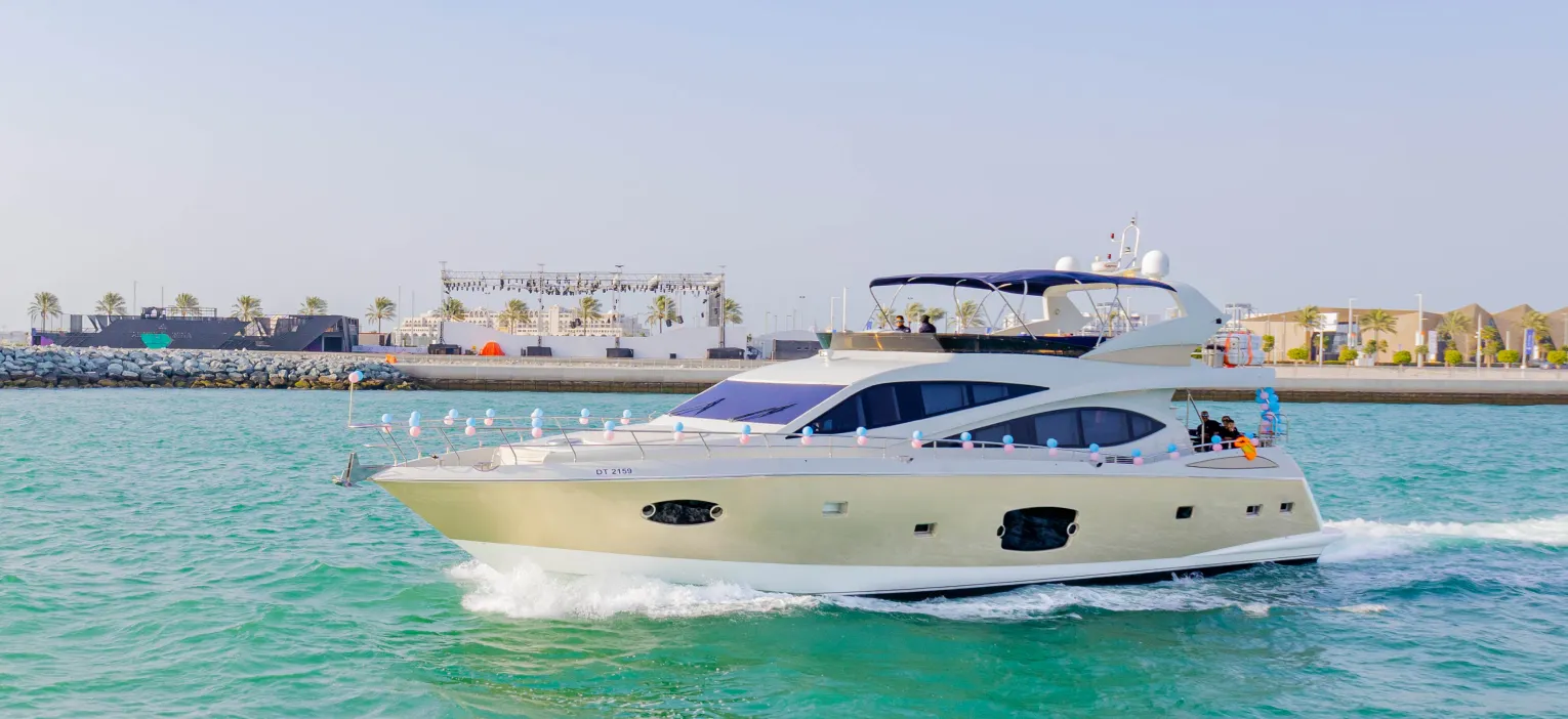 modern luxury motor yacht cruising in dubai marina, ideal for dubai marina yacht tour with drinks and panoramic skyline views.