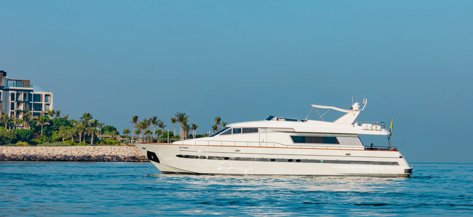 step aboard a premium luxury yacht for your dubai harbour yacht cruise. this modern vessel, with a professional crew, offers a 3-hour morning sail past burj al arab and atlantis the palm in comfort and style.