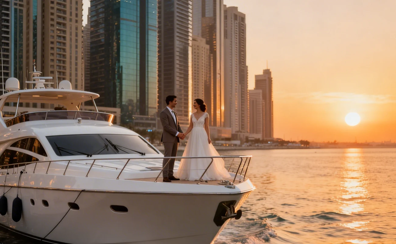 Dubai Marina Sunset Yacht Charter for Honeymoon Trips