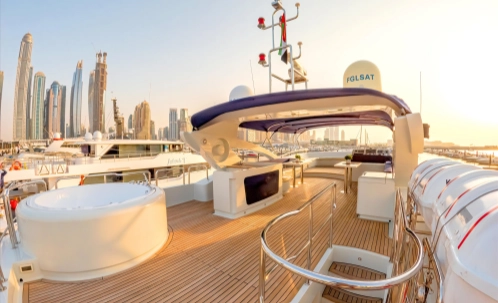 spacious upper deck of dubai marina luxury yacht, perfect for sunset views during shared bbq cruise, overlooking dubai landmarks