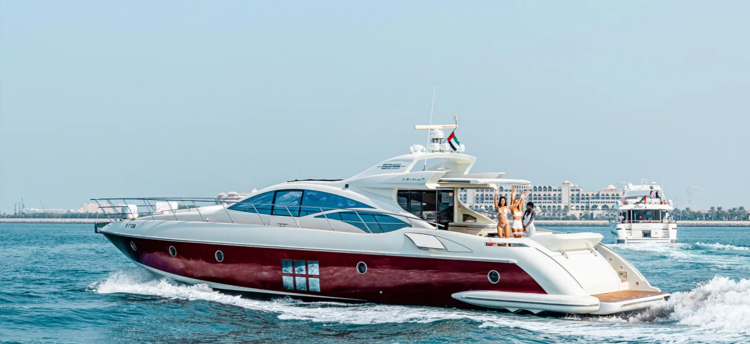 luxury red and white yacht sailing in dubai marina, 2-hour shared yacht tour with live bbq, dubai coastline sightseeing