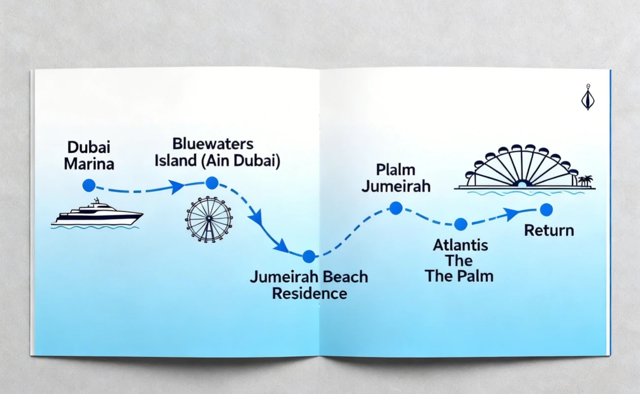Dubai Marina to Palm Jumeirah Yacht Tour Route