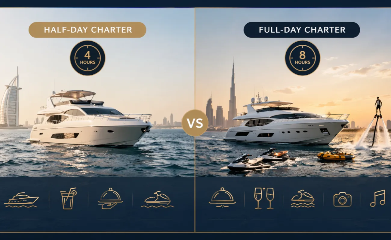 Dubai Premium Yacht Charter Package: Half-Day vs. Full-Day