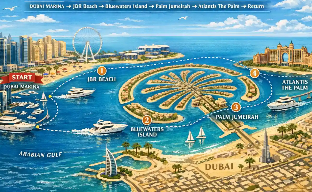 Dubai Marina to Atlantis Yacht Cruise Itinerary