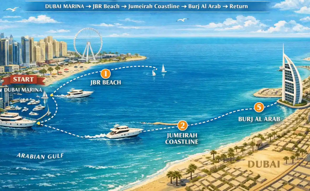Jumeirah Coastline & Burj Al Arab Yacht Cruise Itinerary