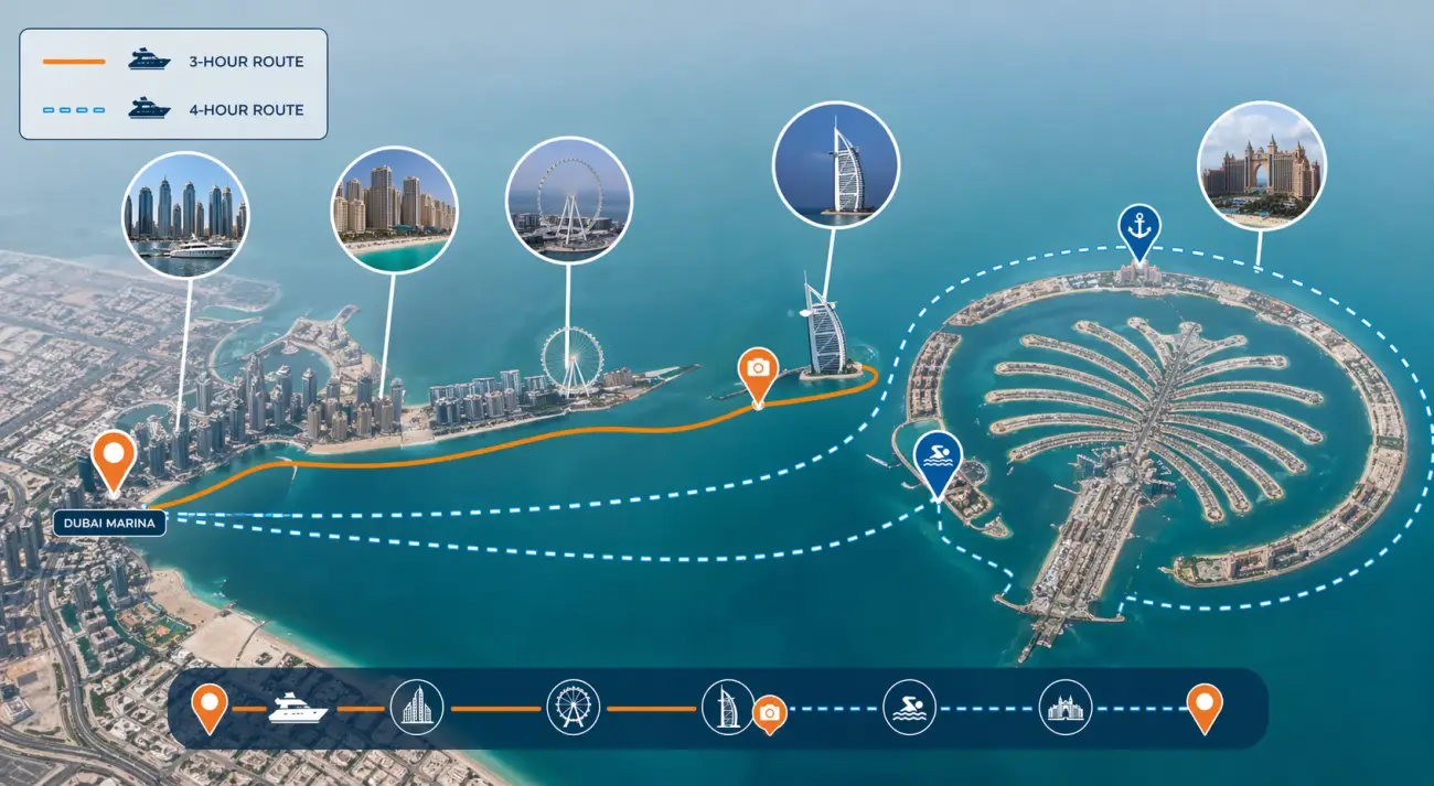 3-Hour vs 4-Hour Yacht Cruise Routes in Dubai