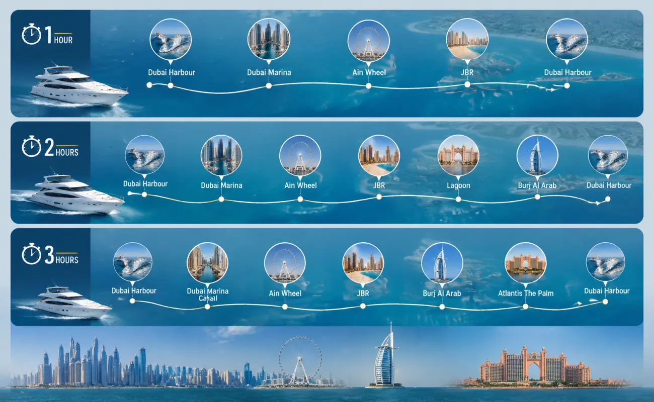 Best Dubai Yacht Cruise Routes: 1 Hour, 2 Hours and 3 Hours
