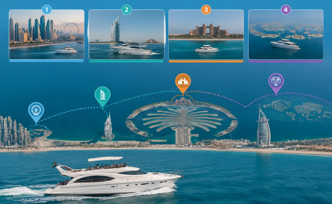 Popular Dubai yacht cruise routes from Dubai Marina to Palm Jumeirah