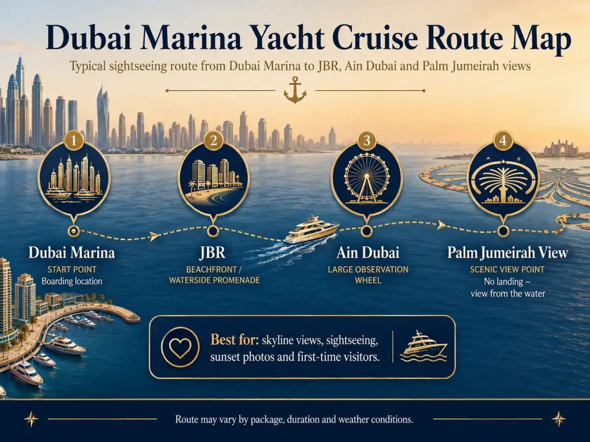 Dubai Marina yacht cruise route including JBR Ain Dubai Palm Jumeirah and skyline views.