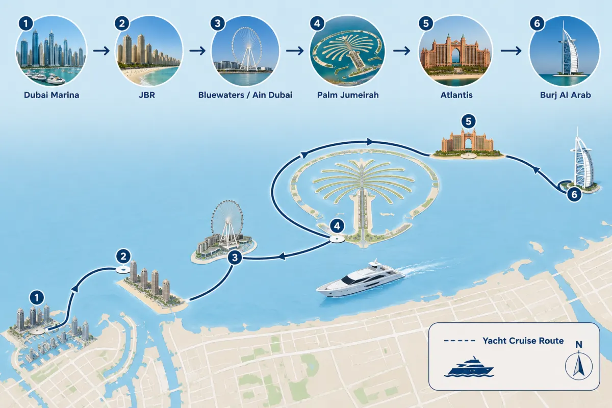 Dubai yacht cruise route map from Dubai Marina to Palm Jumeirah Atlantis and Burj Al Arab