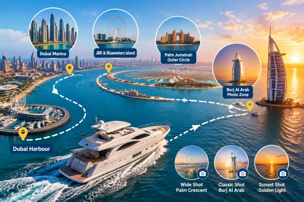 Yacht Cruise Route from Dubai Harbour to Burj Al Arab