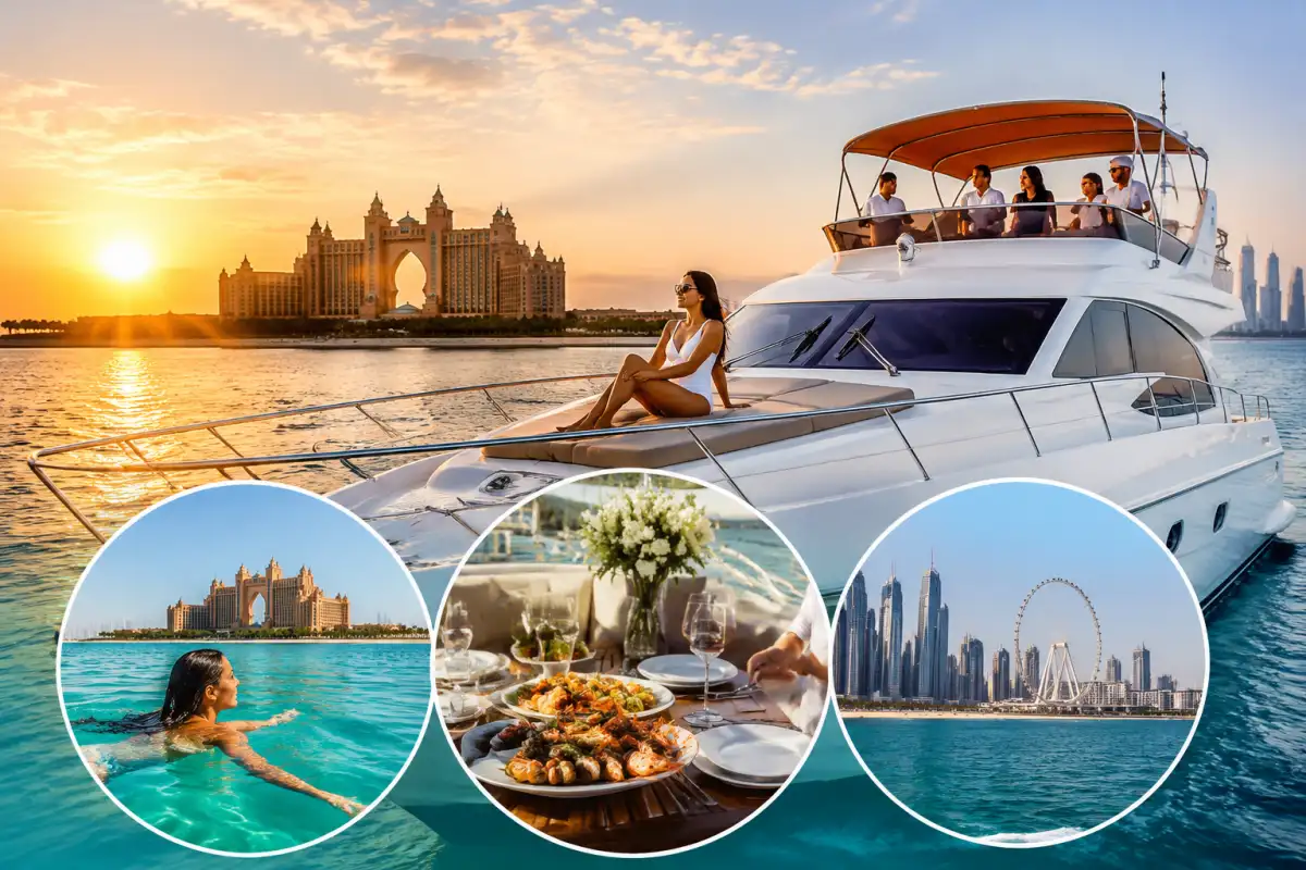 Palm Jumeirah Private Yacht Cruise with Swimming, Dining and Sightseeing