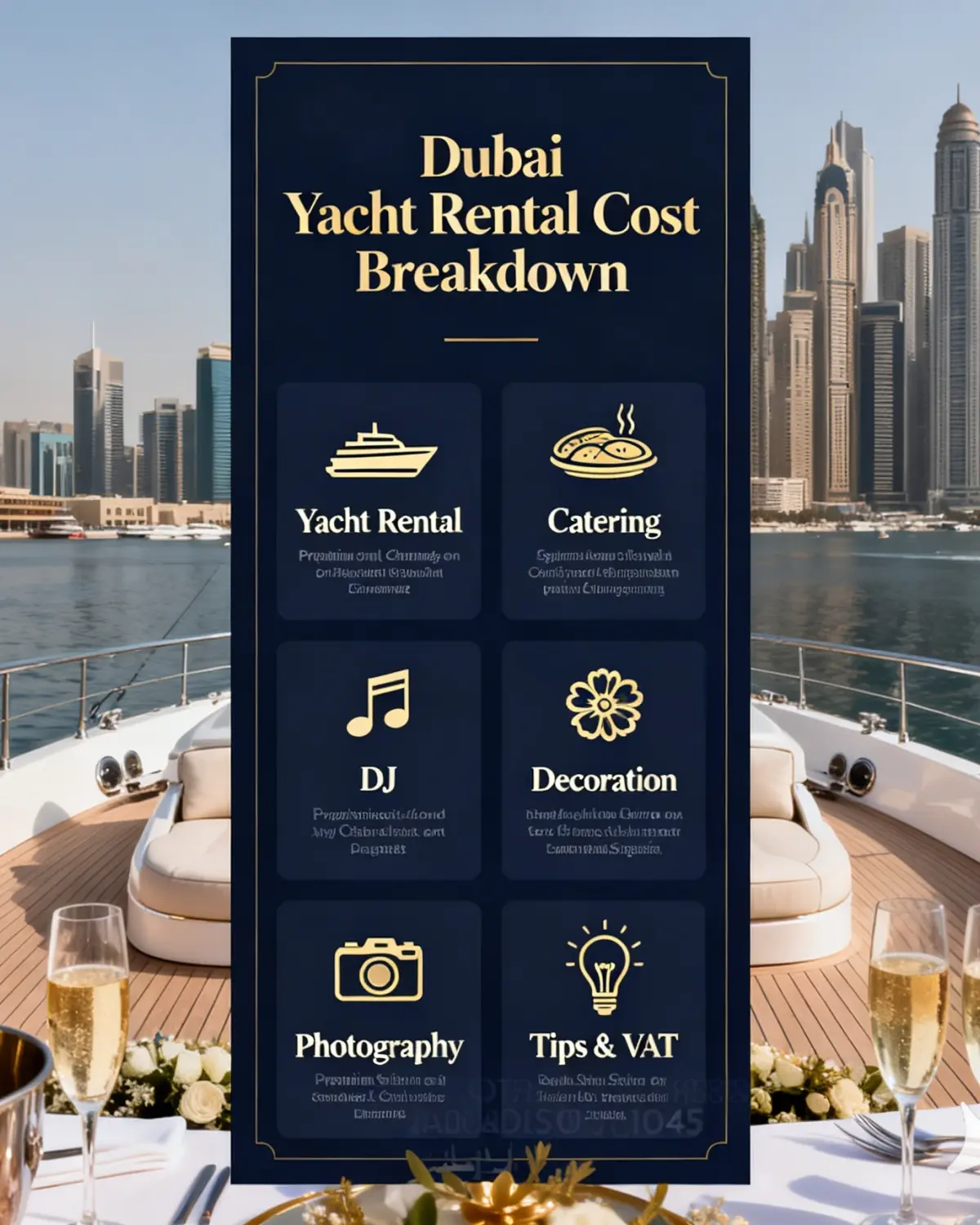 Dubai yacht party package cost breakdown for yacht rental catering DJ decoration and photography