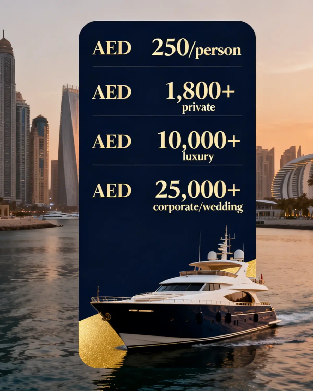 Dubai yacht party price guide 2026 with cost per person packages and add-ons