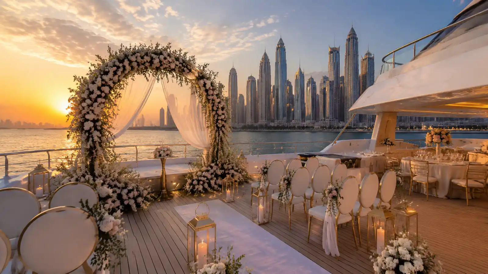 Dubai wedding yacht rental ceremony with skyline view