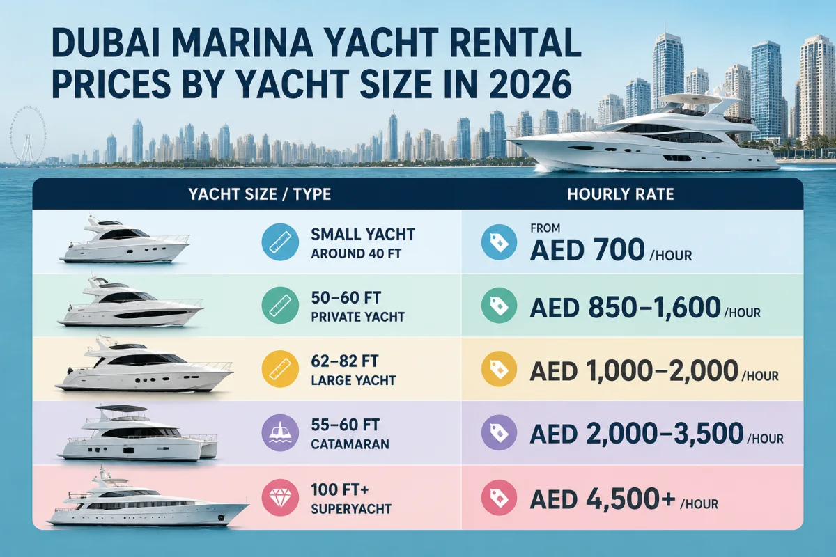 Dubai Marina yacht rental prices by yacht size in 2026