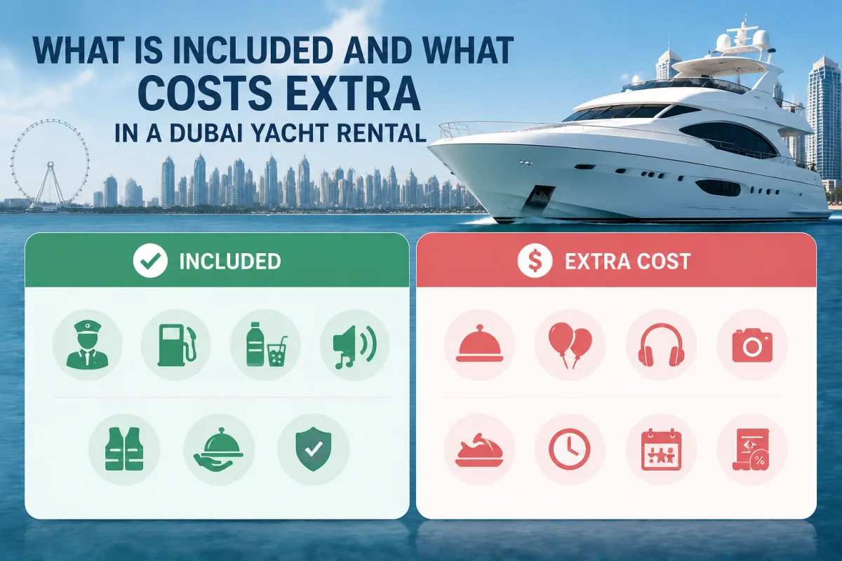 What is included and what costs extra in a Dubai yacht rental
