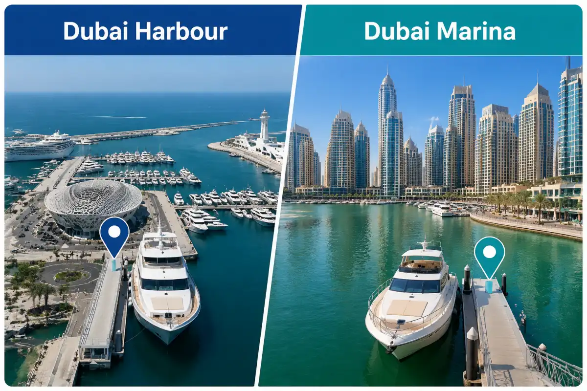 Dubai Harbour and Dubai Marina yacht boarding locations compared