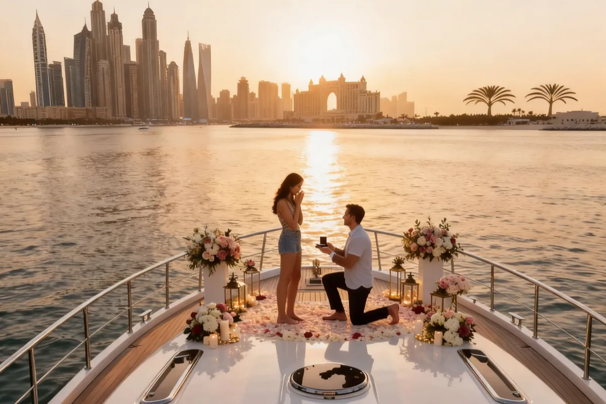 A couple proposes on a private yacht in Dubai at sunset