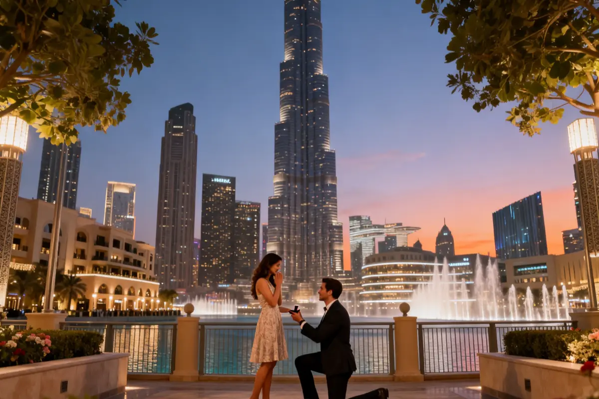 A couple proposed at night with the Burj Khalifa as a backdrop