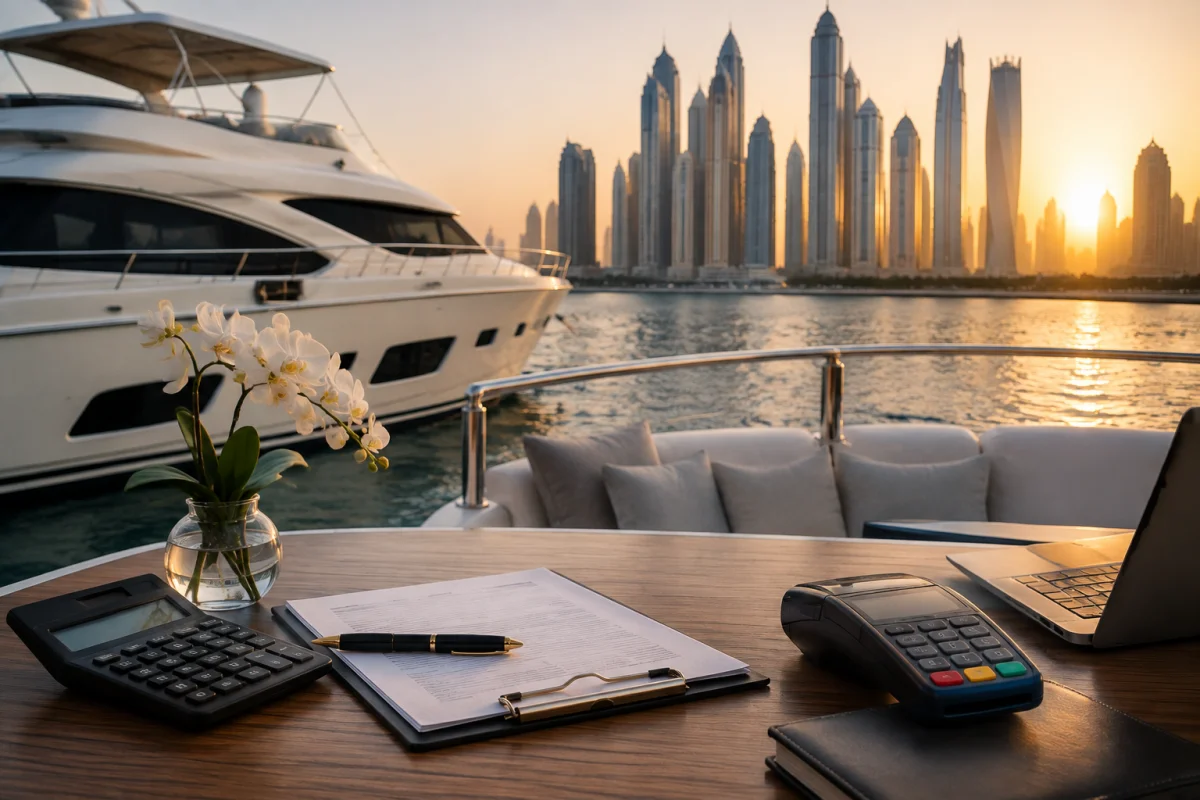 Is VAT included in yacht rental Dubai payment and invoice guide with luxury yacht at Dubai Marina