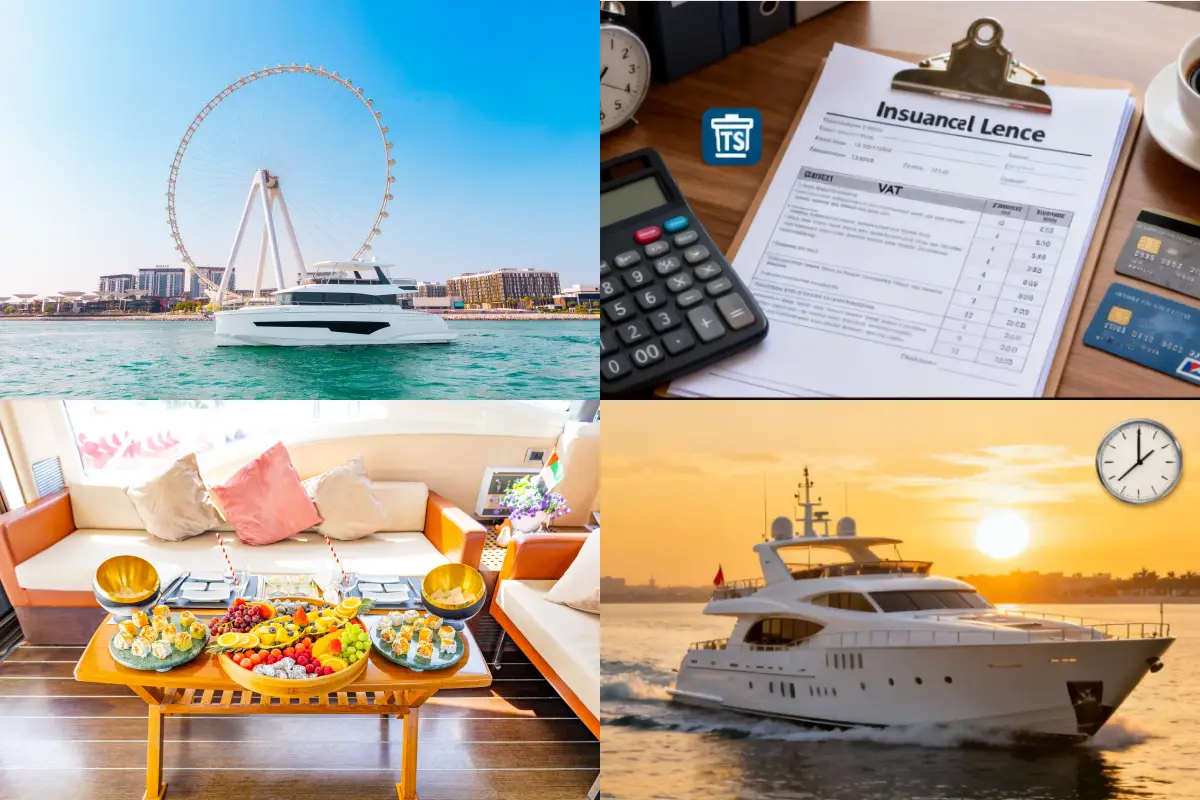 Dubai yacht rental invoice showing VAT charges, catering services, and yacht charter fees