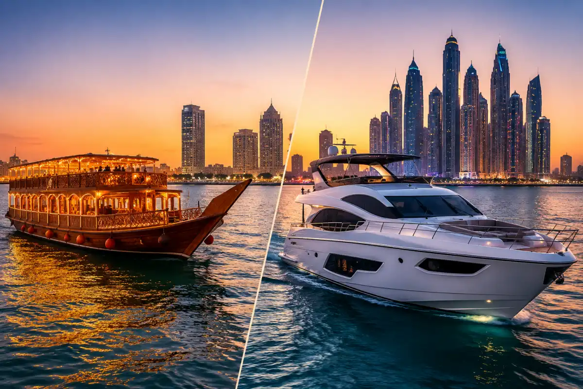 Dhow cruise and private yacht in Dubai with city skyline