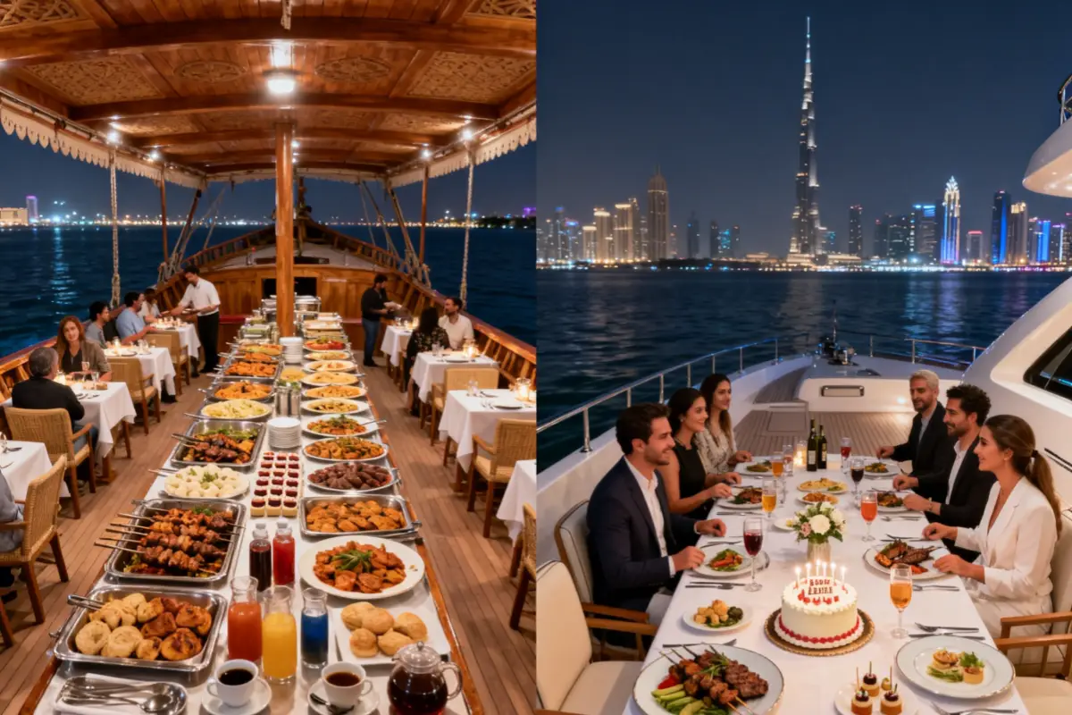 Dubai dhow cruise buffet dining compared with private yacht dinner