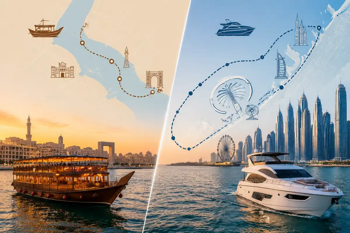Dubai dhow cruise and yacht routes with waterfront landmarks