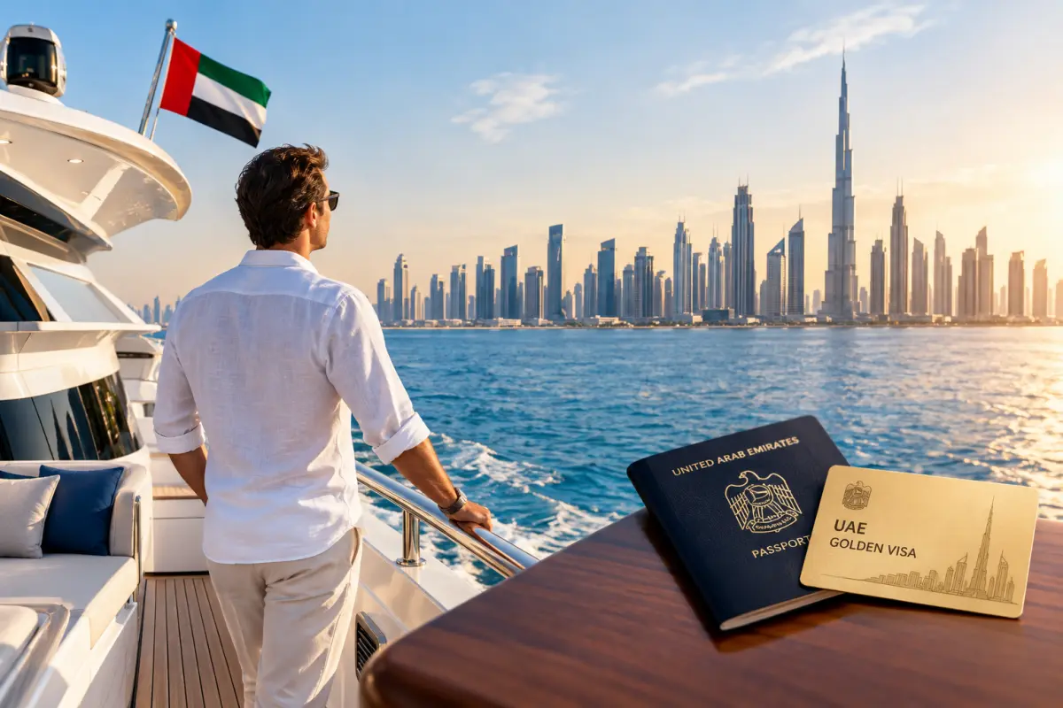 UAE Golden Visa for yacht owners with luxury yacht and Dubai skyline