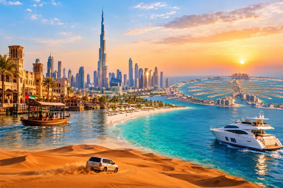 Dubai Golden Week itinerary 2026 featuring Burj Khalifa, Palm Jumeirah, yacht and desert