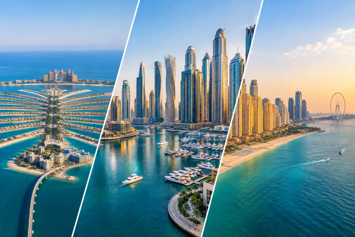 Dubai Marina, JBR and Palm Jumeirah Skyline and Waterfront Views