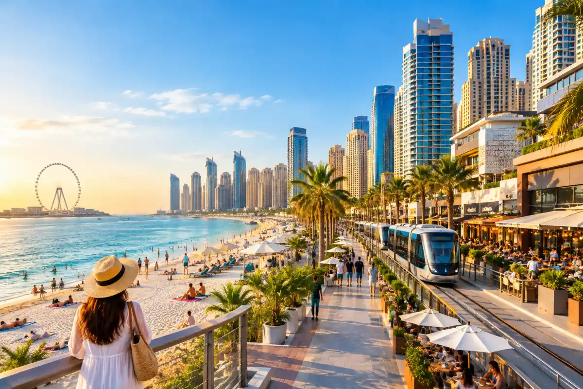 JBR Beach, The Walk, Beachfront Restaurants and Dubai Tram in Dubai