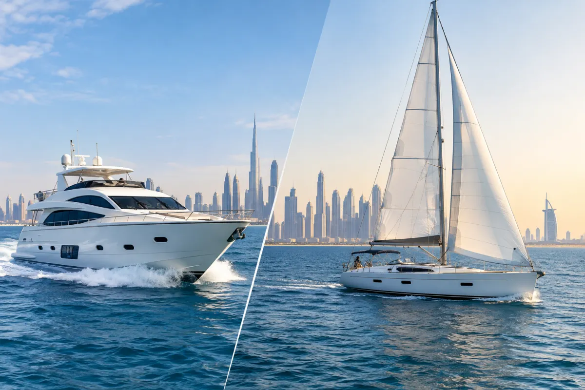 Motor yacht vs sailing yacht cruising along the Dubai coastline