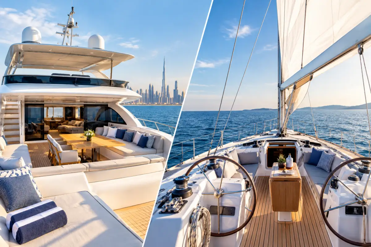 Motor yacht and sailing yacht showing different onboard guest spaces and seating areas